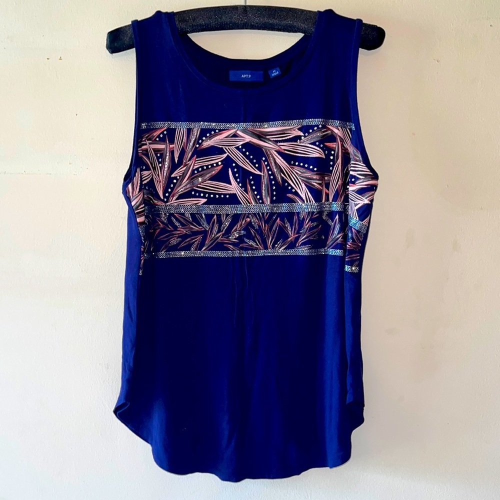 Tank Top Navy Pink Glitter Rhinestone Silver Metallic Scoop Neck Women size M.